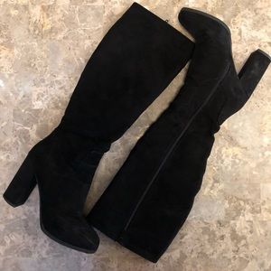 Black Suede To The Knee Heeled Boots